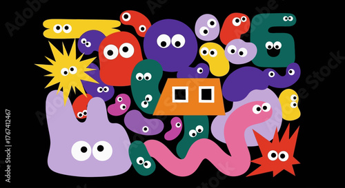 A whimsical collection of colorful cartoon monsters and abstract creatures with expressive eyes, creating a vibrant and playful pattern