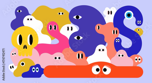 A vibrant and playful jumble of cartoon monsters, funny ghosts, and whimsical doodle creatures in a colorful abstract composition