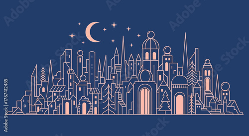 Stylized vector illustration of a magical cityscape at night with a crescent moon and stars in the sky