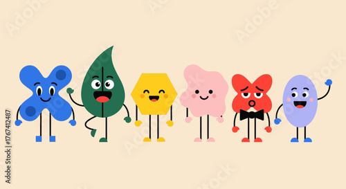 A diverse collection of cute and colorful geometric shape characters with various emotions, standing together as a friendly team