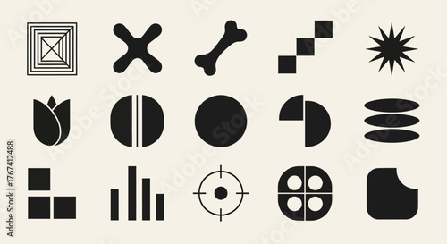 A versatile set of modern black geometric shapes, abstract symbols, and minimalist icons for creative graphic design and branding