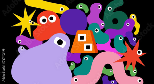 Playful gathering of cute and goofy monster characters with big eyes amidst a chaotic cluster of colorful abstract shapes
