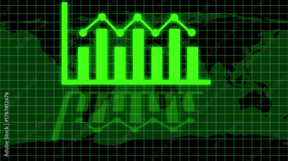 Global financial chart featuring neon green bar chart and line graph ...