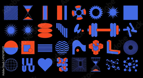 A collection of bold geometric shapes and abstract icons in a modern brutalist style. Vector set of design elements for digital projects