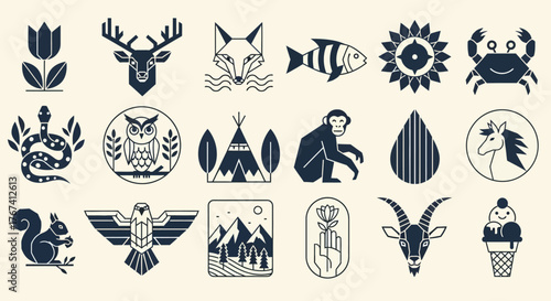 Set of minimalist linear icons with geometric animals and nature symbols. Modern graphic design elements for logos