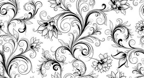 Elegant Seamless Pattern with Baroque Swirls and Stylized Flowers on Isolated White Background