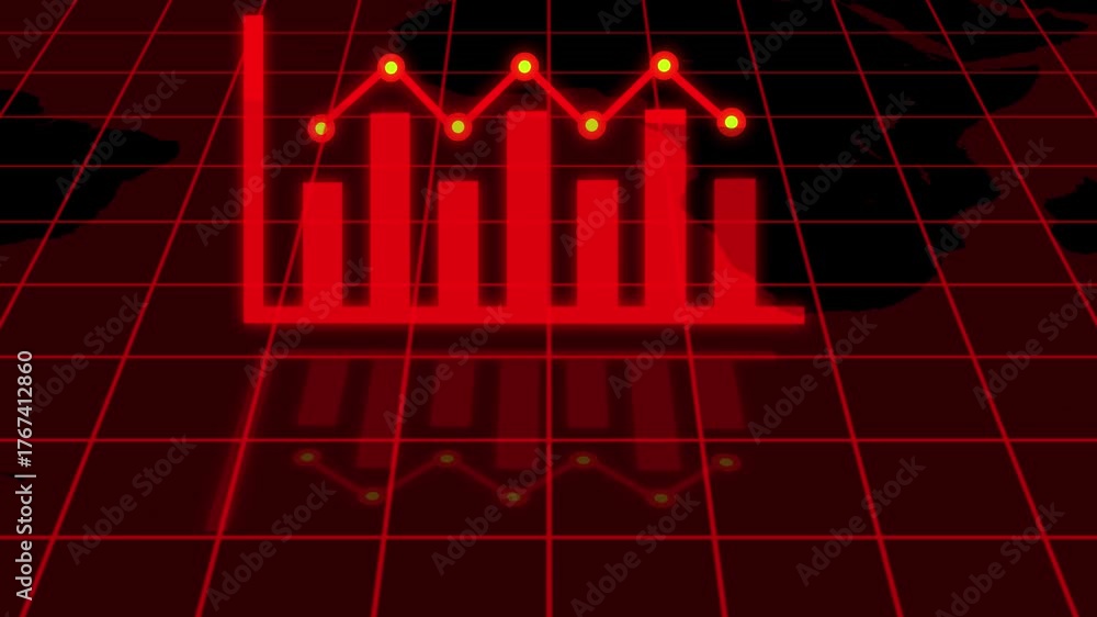 Financial chart featuring red bar chart and line graph over world map ...