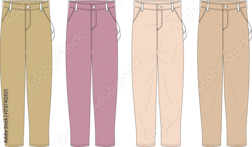 Set of women's high-waisted trousers in various colors. Fashion flat sketch vector illustration for apparel design and manufacturing