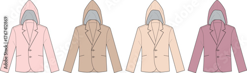Four Hooded Blazers in Various Subtle Shades Displayed from the Front