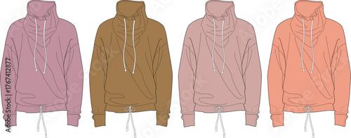 Four stylish women's hoodies in different pastel colors, showcasing drawstring details and a cozy cowl neck design