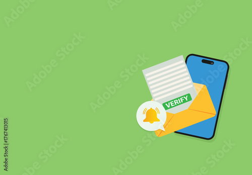  Mobile phone with a bell notification and verify mail. .Reminder on smartphone screen New message notification