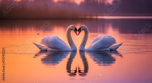 Fototapeta Naklejka Na Ścianę i Meble -  Graceful swans elegantly form a loving heart on a tranquil lake, reflecting the vibrant hues of a romantic sunset