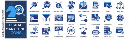 Digital Marketing icon collection set. Containing Design Marketing Strategy, SEO Optimization, Keyword Research, Pay Per Click, Social Media Ads