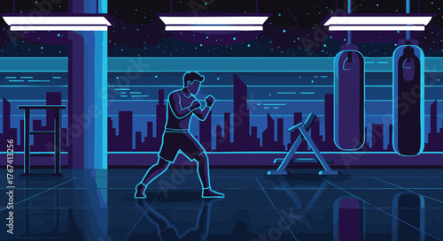 Pixelated boxer training in a gym at night, surrounded by punching bags, a weight rack, and city lights