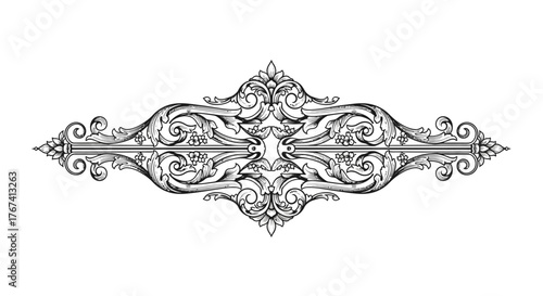 Intricate Black and White Horizontal Decorative Divider Ornament with Symmetrical Flourishes, Isolated White Background