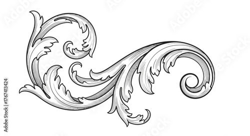 Elegant Baroque Style Scroll Ornament with Swirling Flourishes, Isolated White Background