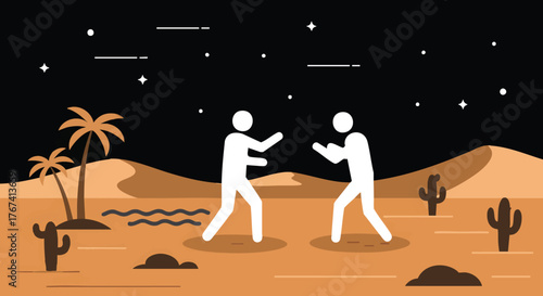 Two silhouetted figures engage in a duel under a starry desert night, with palm trees and cacti suggesting an oasis