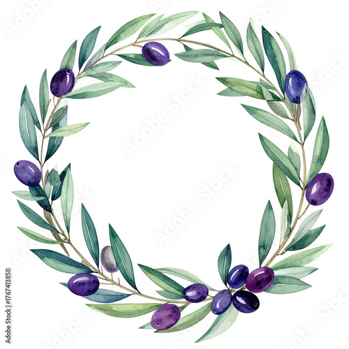 Watercolor illustration of a circular olive wreath with green leaves and dark purple fruit