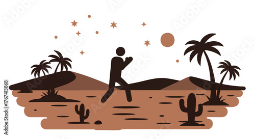 Desert Adventure Silhouette of a person walking through a scenic desert landscape with cacti and palm trees