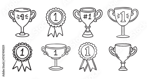 Trophy and award medal set with number 1 golden cups, hand drawn doodle line art monochrome hand drawn