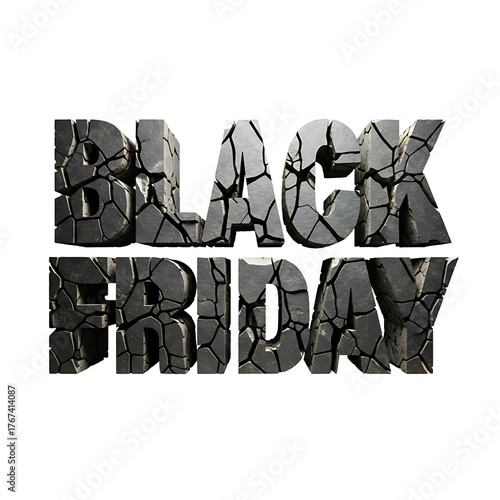 Cracked and distressed metallic text spelling black friday with a dark industrial grunge texture isolated on transparent background