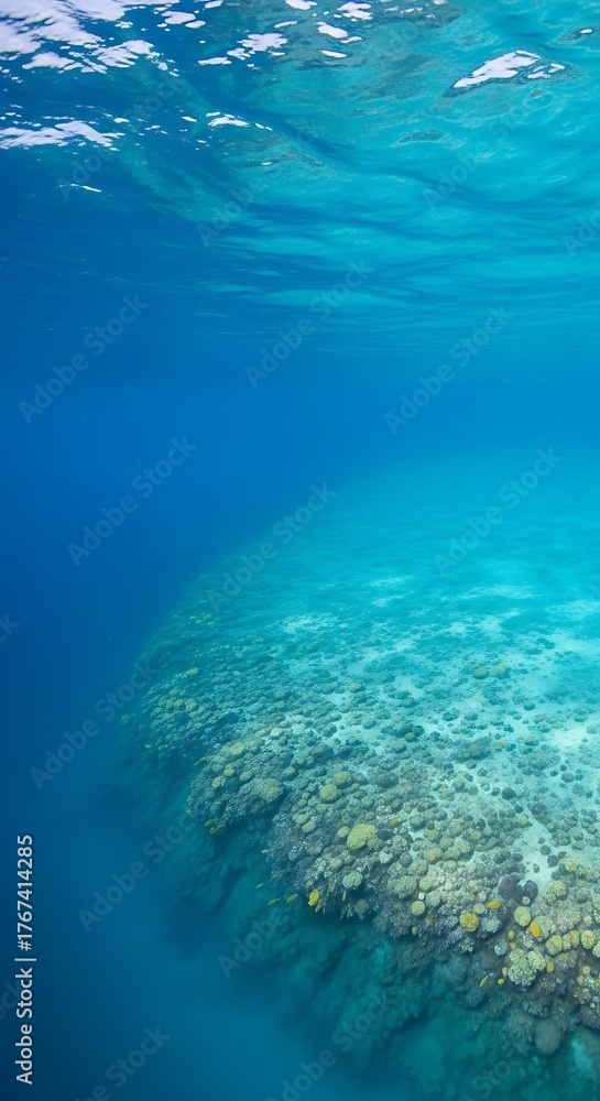 Obraz premium Underwater coral reef with clear blue ocean water and sunlight filtering through.