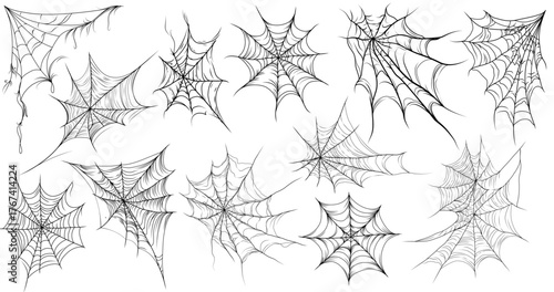 Collection Of Various Spider Webs Detailed Black Line Vector Illustration Isolated On White Background