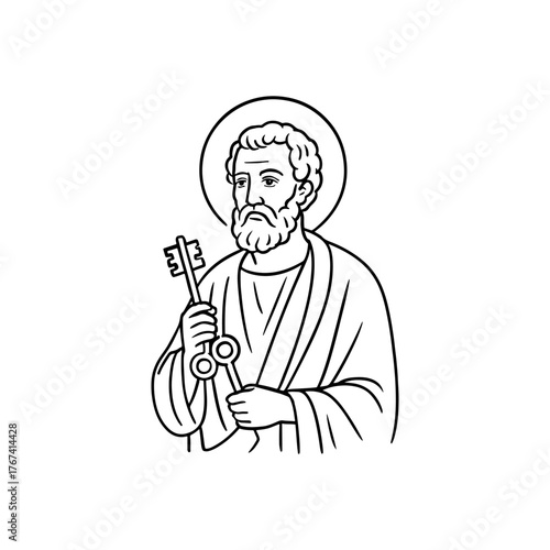 Saint peter holding the keys of heaven in a line drawing