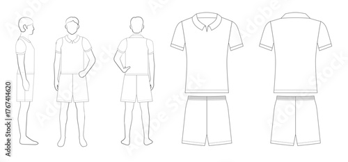 メンズサッカーユニフォームのテンプレート（襟付き・ショートパンツ・前・後・横・平面図）Men's Soccer Uniform Template – Collared Shirt with Shorts, Front, Back, Side & Flat Views
