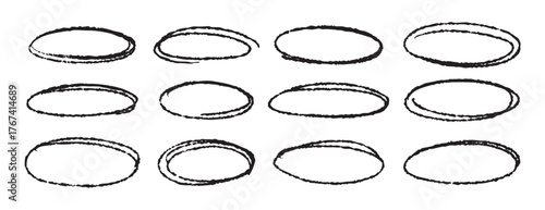 Monochrome ellipses and bubbles to encircle and highlight text. Hand drawn marker ovals set, outline and line art, isolated on monochrome. set, line art, outline, doodle hand.