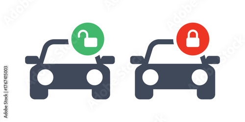 Vehicle lock status icon set with unlocked and locked car symbols for app or dashboard interfaces