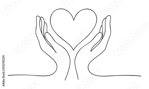 Single continuous line of hands holding heart on a white background. Black thin line of the hands with heart.
