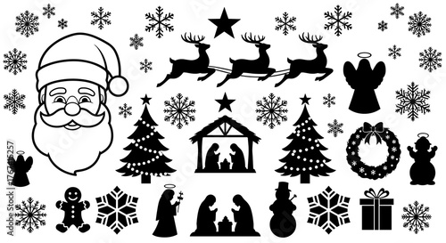 A collection of black and white Christmas holiday silhouettes Santa, reindeer, trees, snowflakes, nativity, wreath