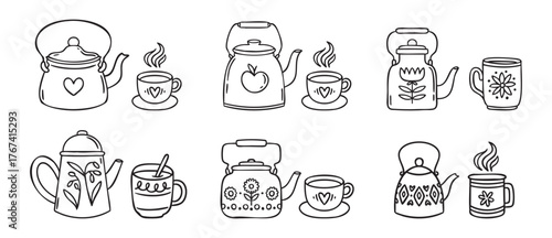 Cozy autumn doodle teapot and cup rustic village style, line art monochrome hand drawn outline