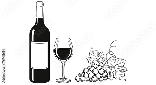 A monochromatic illustration featuring a dark wine bottle, a glass with dark liquid, and a bunch of grapes with leaves