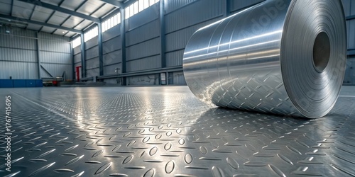 Aluminum metal roll in industrial warehouse with steel floor. Shiny metallic material production in factory hall, perfect for industry, manufacturing and technology design projects