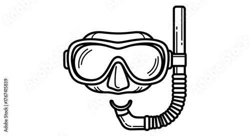 A simple black outline illustration of a snorkeling mask with a snorkel attached, on a white background