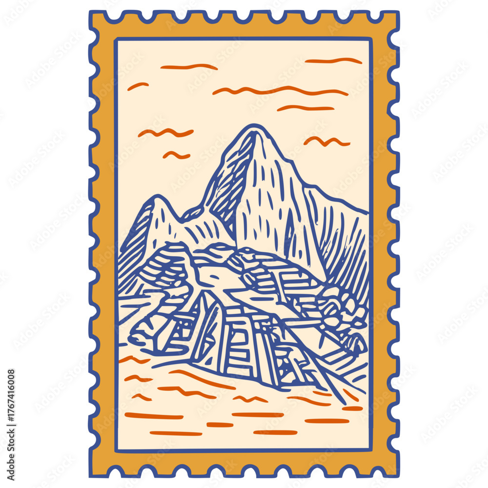 Obraz premium Machu Picchu Peru postage stamp line art vector icon