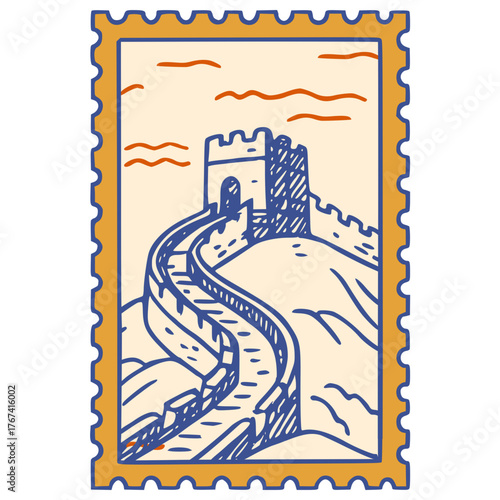 Great Wall of China postage stamp line art vector icon