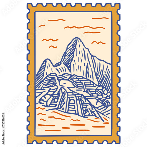 Machu Picchu Peru postage stamp line art vector icon
