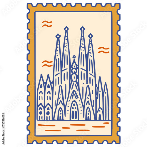 Sagrada Familia Barcelona postage stamp line art vector icon