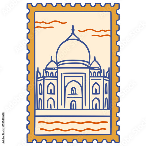 Taj Mahal India postage stamp line art vector icon