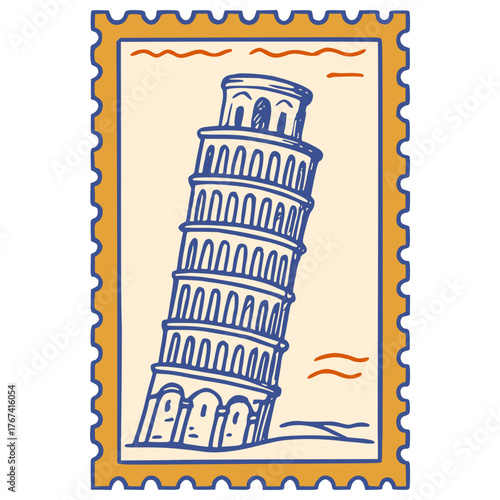 Leaning Tower of Pisa postage stamp line art vector icon
