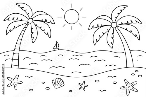 Cartoon Tropical Beach Scene With Palm Trees Sun Sailboat Starfish And Seashells Outline vector illustration