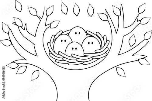 Cute cartoon bird eggs with faces in a nest on a tree branch with leaves vector illustration