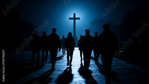 People Walking to the Cross Silhouette, The Way of the Cross