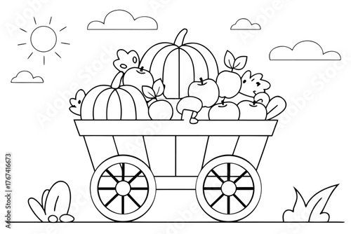 Harvest Wagon Filled with Fruits and Vegetables Outline Drawing cart