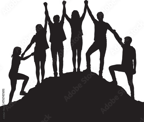 Celebration Team Silhouette People Reaching Top Of Mountain With Arms Raised Vector