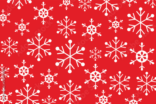 Vibrant, seamless pattern of various sized white snowflakes on a bright red background. High-contrast vector ideal for Christmas backgrounds, wrapping paper, and holiday greeting cards.