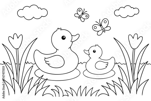 Outline drawing of two ducks and butterflies with flowers and clouds ducklings birds